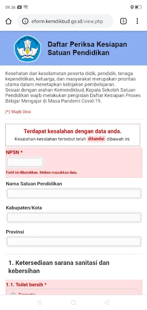 FORM DAFTAR PERIKSA KESIAPAN SATUAN PENDIDIKAN AWAL MASUK SEKOLAH DIKALA PANDEMI