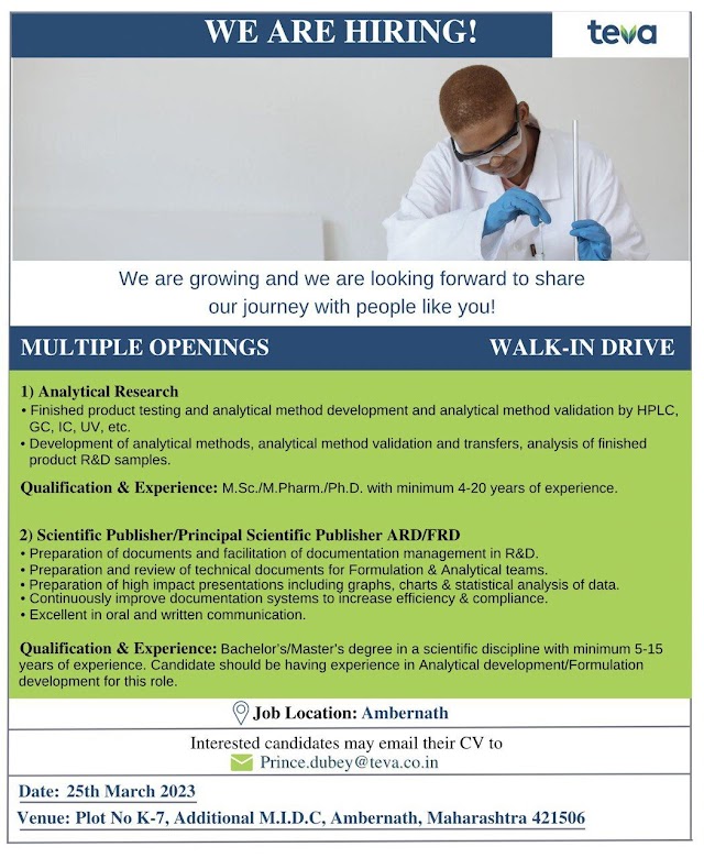 Teva Pharmaceuticals | Walk-in Interview for Multiple Positions on 25th March 2023