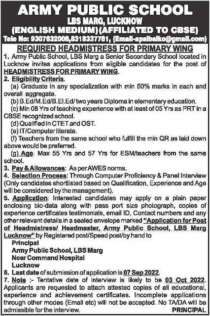 APS Recruitment 2022 for Headmistress