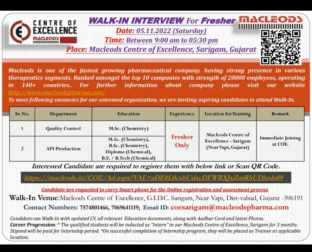 Job Availables, Macleods Walk-In Interview for Fresher's & Experienced For MSc/ BSc Chemistry/ BE/ B Tech / Diploma In Chemical Engineer
