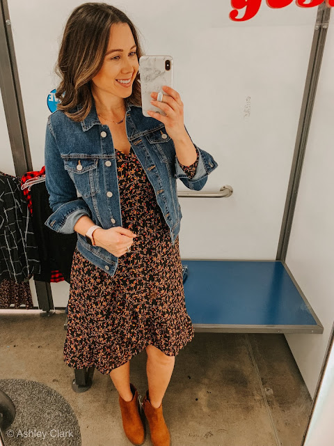 floral swing dress jean jacket old navy thanksgiving day outfit