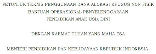 BOP Adalah Bantuan Operasional Penyelenggaraan PAUD Pencapaian 100 tahun Indonesia merdeka akan sangat ditentukan oleh bagaimana kita memanfaatkan peluang bonus demografi dengan menyiapkan tenaga kerja yang berlimpah. Jumlah anak usia 3-6 tahun pada tahun 2016 yang berjumlah 18,95 juta orang, pada tahun 2045 usia mereka akan mencapai 32-35 tahun (Pro yeksi Berdasarkan Hczsil SF 2010). Usia ini merupakan usia angkatan kerja yang produktif. Angkatan kerja ini jika dipersiapkan dengan baik sejak dini akan menjadi modal pembangunan, tetapi sebaliknya jika tidak dipersiapkan dengan baik justru kelak akan menjadi beban pembangunan.  Penyiapan manusia berkualitas sejak dini sejalan dengan program prioritas yang diamanatkan Nawa Cita, khususnya Nawa Cita ke-8 yaitu “melakukan revolusi karakter bangsa”, Nawa Cita ke-5 “meningkatkan kualitas hidup manusia Indonesia”, dan Nawa Cita ke- 6 “meningkatkan produktivitas rakyat dan daya saing di pasar internasional”.  Keberlanjutan suatu bangsa ditentukan oleh kesiapan dan kesanggupan generasi penerusnya, dan itu hams dipersiapkan sejak anak masih berusia dini. Berbagai hasil penelitian menunjukkan bahwa pendidikan anak usia dini (PAUD) merupakan pendidikan yang paling mendasar, dan PAUD yang berkualitas akan sangat berkontribusi terhadap kualitas  pendidikan pada jenjang selanjutnya. Hal ini sejalan dengan rencana pembangunan jangka menengah nasional (RPJMN) 2015-2019 yang menyatakan bahwa peningkatan akses dan kualitas PAUD secara holistik dan integratif merupakan pondasi terwujudnya pendidikan dasar 12 tahun yang berkualitas.  Pelaksanaan program pendidikari anak usia dini dengan melibatkan partisipasi semua komponen serta mengoptimalkan potensi pusat dan daerah telah memberikan dampak positif bagi penyelenggaraan pendidikan anak usia dini. Hal ini ditunjukkan dengan perkembangan jumlah penyelenggara pendidikan anak usia dini yang telah mencapai 192.616 satuan pendidikan, hampir 99% diantaranya diselenggarakan oleh masyarakat. Angka Partisipasi Kasar (APK) PAUD anak usia 3-6 tahun pada tahun 2016 mencapai 72,26%.  TUJUAN BANTUAN  Tujuan pemberian DAK Non Fisik BOP PAUD adalah untuk:  membantu penyediaan biaya operasional non personalia bagi satuan pendidikan anak usia dini yang diberikan kepada Satuan PAUD dan Satuan Pendidikan Non Formal yang menyelenggarakan program PAUD untuk mendukung kegiatan operasional pendidikan; dan  meringankan beban biaya pendidikan bagi orang tua dalam upaya mengikutsertakan anaknya pada layanan PAUD berkualitas di Satuan PAUD atau Satuan Pendidikan Non Formal.  PERSYARATAN PENERIMA DAK NON FISIK BOP PAUD  Persyaratan Satuan PAUD atau Satuan Pendidikan Non Formal penerima bantuan DAK Non Fisik BOP PAUD adalah sebagai berikut:  1. memiliki Nomor Pokok Satuan Pendidikan Nasional (NPSN);  2. memiliki peserta didik berjumlah minimal 12 yang terdaftar dalam data pokok pendidikan (Dapodik) Ditjen PAUD dan Dikmas;  3. memiliki rekening yang digunakan atas nama Satuan PAUD atau Satuan Pendidikan Non Formal; dan  4. memiliki nomor pokok wajib pajak.  LARANGAN PENGGUNAAN DAK NON FISIK BOP PAUD  DAK Non Fisik BOP PAUD yang diterima oleh Satuan PAUD atau Satuan Pendidikan Non Formal tidak boleh digunakan untuk hal-hal berikut:  1. Disimpan dengan maksud dibungakan;  Dipinjamkan kepada pihak lain;  Membiayai kegiatan yang tidak menjadi prioritas satuan paud atau satuan pendidikan non formal dan untuk lebih jelasnya silakan Unduh pada link dibawah ini