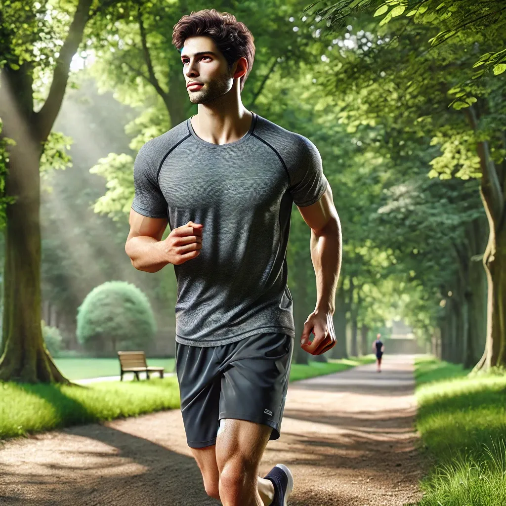 A-European-man-jogging-slowly-through-a-vibrant-park