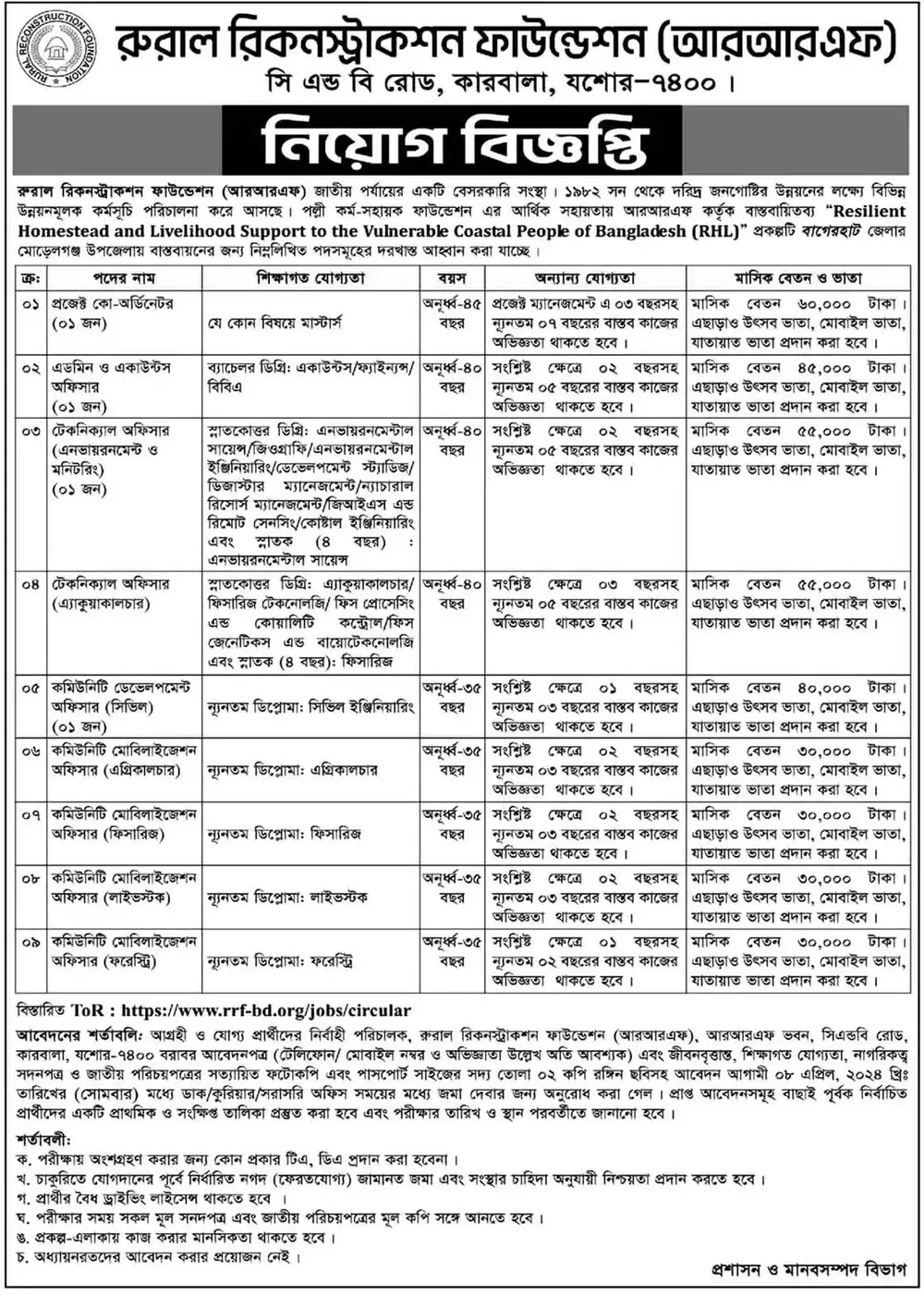 রুরাল রিকনস্ট্রাকশন ফাউন্ডেশন আরআরএফ নিয়োগ বিজ্ঞপ্তি ২০২৪