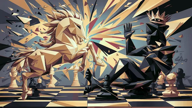 An abstract and geometric illustration depicting chess pieces engaged in an intense battle, with jagged shapes and sharp lines exploding outward, creating a sense of dynamic motion and conflict.