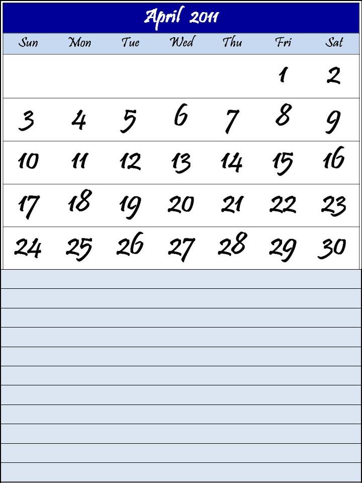calendar 2011 printable. April 2011 Printable Calendar