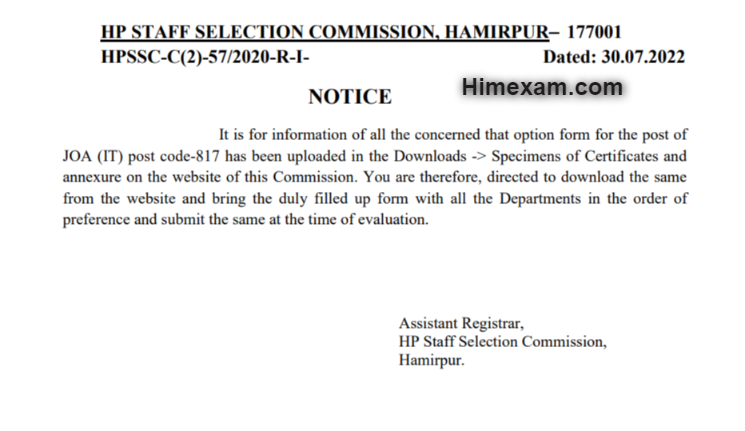 Important Notice For The Post JOA IT Post Code-817 :- HPSSC Hamirpur