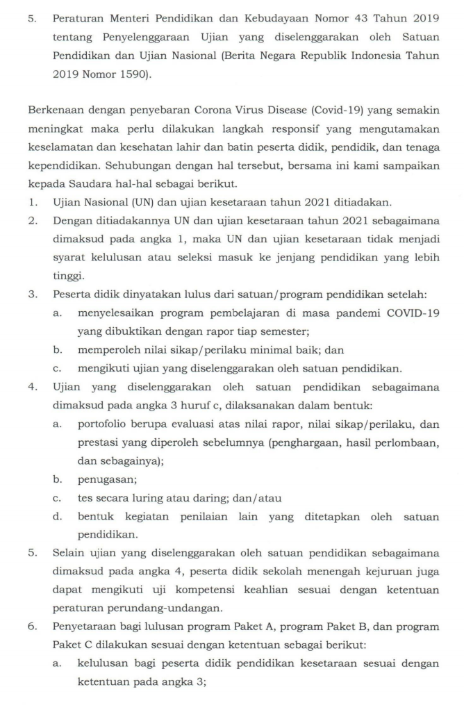 Ketentuan Kelulusan Siswa SD SMP SMA SMK Tahun 2021 Tahun Pelajaran 2020/2021