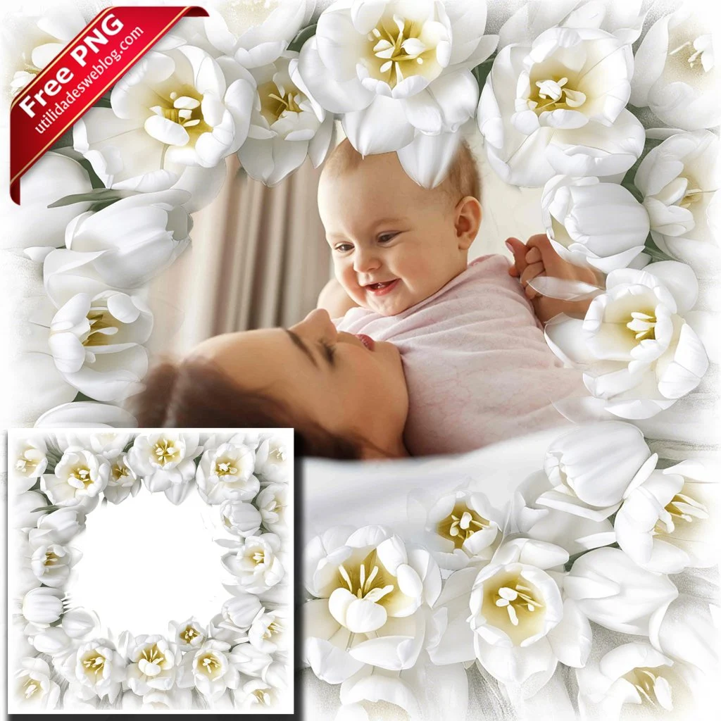 marco para fotos con flores de tulipanes blancos en png con fondo transparente para descargar gratis