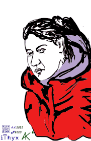 Женщина с  волосами собранными в хвост, одетая в сиреневую кофту с капюшоном и красную куртку. Автор рисунка: художник Андрей Бондаренко #iThyx