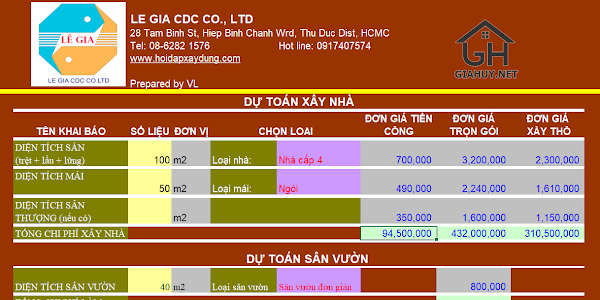 File excel tính dự toán chi phí xây dựng nhà ở