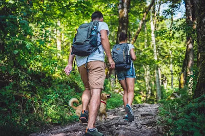 a couple hanging out in the woods with their dog