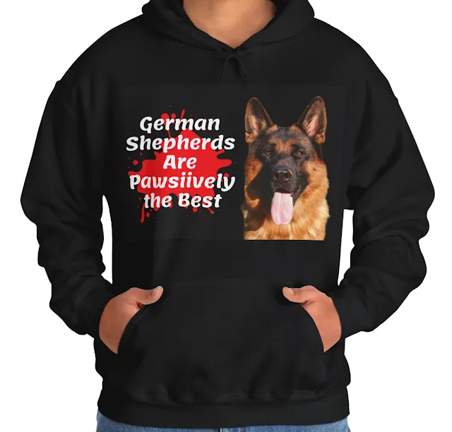 A Hoodie With Huge West Show Line Red and Black German Shepherd Leaving Tongue Out and Caption GSDs