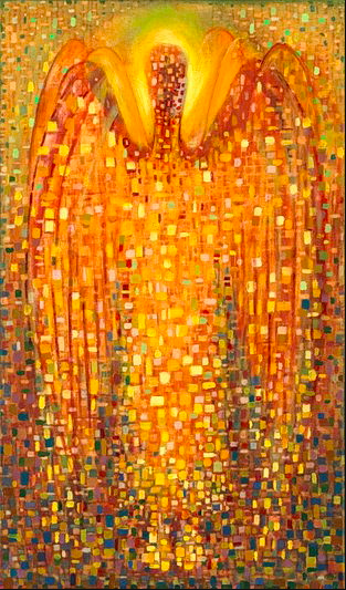 A golden painting of an angel made up of lots of small squares of colour, similar to the style of Gustav Klimt.