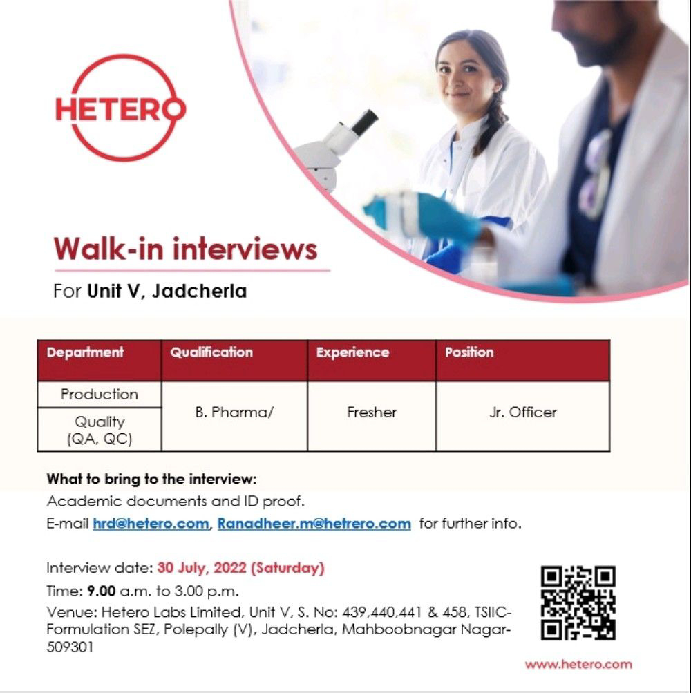 Job Available's for Hetero Labs Ltd Walk-In Interview for Fresher’s/ B Pharm