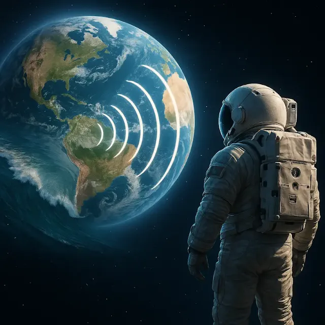 Astronaut in space visually observing sound waves coming from Earth, representing a surreal idea of hearing the ocean from space