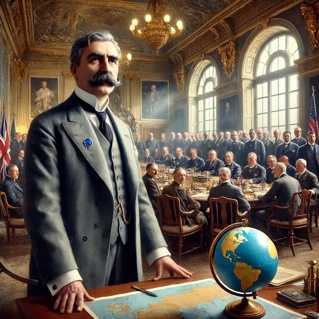 A historical depiction of Georges Clemenceau, the French statesman known as 'The Tiger', during the Paris Peace Conference in 1919, surrounded by other world leaders.