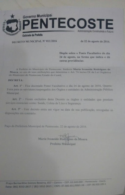 23 Será Feriado Municipal e 24 Ponto Facultativo em Pentecoste 