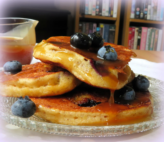 Blueberry Cornmeal Pancakes with a Maple Caramel Sauce