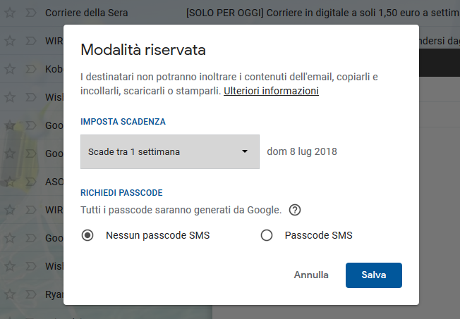 Invio messaggio in Modalità riservata Gmail