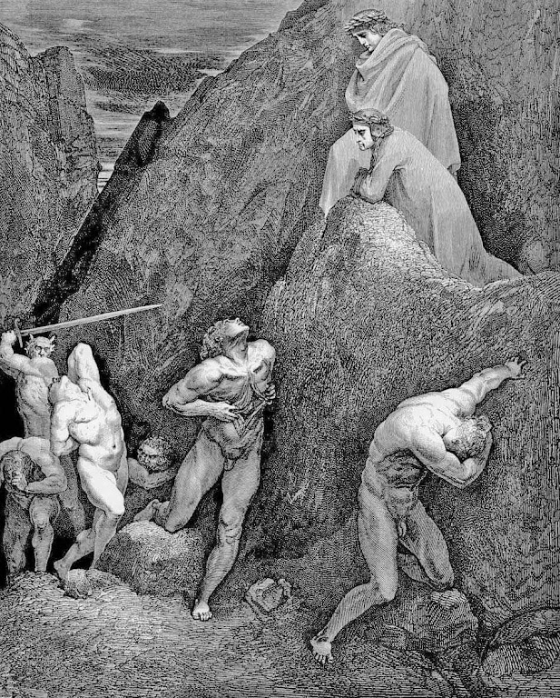 Maomé no inferno com as vísceras abertas. Ilustração de Gustave Doré (1832 – 1883) para a Divina Commedia de Dante Alighieri.
