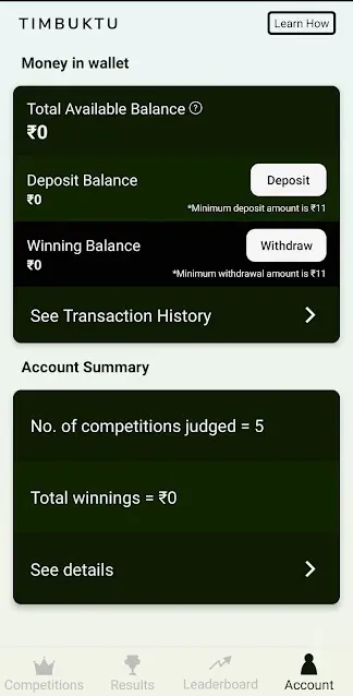 Account  option Timbuktu earning app.