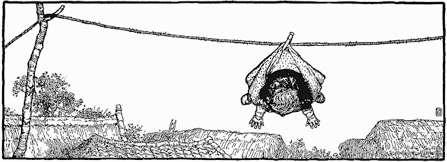 a W. Heath Robinson illustration of a child pinned to a clothes drying line