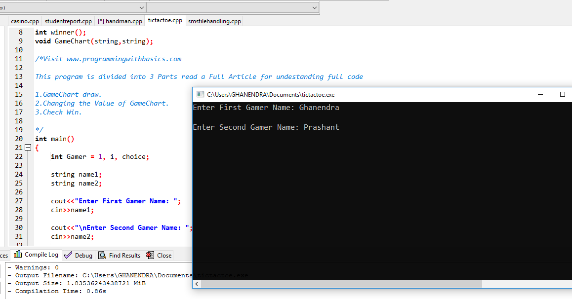 The Output of the Tic Tac Toe Game in CPP