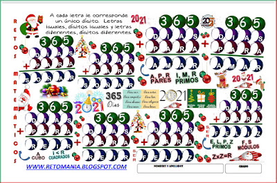 Alfamética, Criptoaritmética, Criptosuma, Navidad,  Matemática y Navidad, Matemática y Año Nuevo, Suma de Palabras, Desafíos matemáticos, Retos matemáticos, Problemas matemáticos