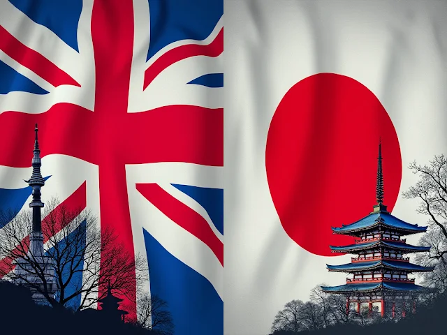 Illustration of UK-Japan partnerships in arts, culture, science, and education, featuring iconic symbols from both countries. The image highlights collaborative projects such as museum exhibitions, scientific research, and educational exchanges supported by the Daiwa Foundation Awards.