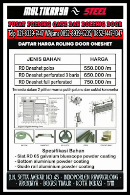 Gambar untuk pusat informasi tentang daftar harga Pabrik bahan baku rolling door, rolling door one sheet dan rolling door industri otomatis harga murah untuk seluruh wilayah di Indonesia. Kami Multikaryasteel adalah Distributor, supplier, kontraktor dan produsen pintu folding gate, pintu harmonika, rolling door, rolling door one sheet dan rolling door industri otomatis dengan specifikasi bahan dan harga pabrik yang relatif murah dan berkwalitas