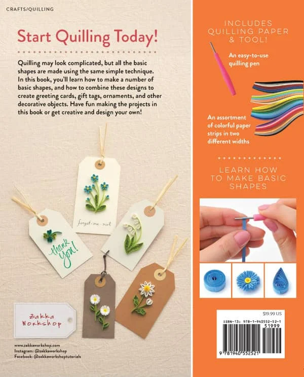 back cover of beginner quilling book showing floral gift tags and sample fringed flowers, quilled coil, quilling strips and quilling tool