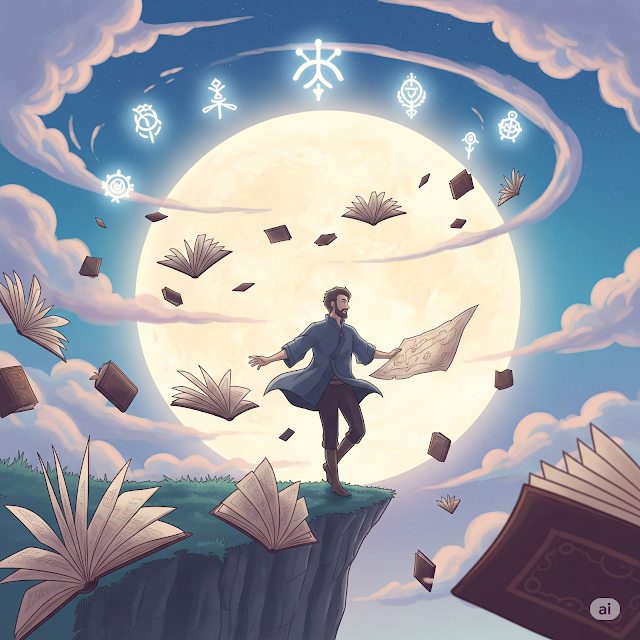 Man stands cliff edge under full moon, floating books.