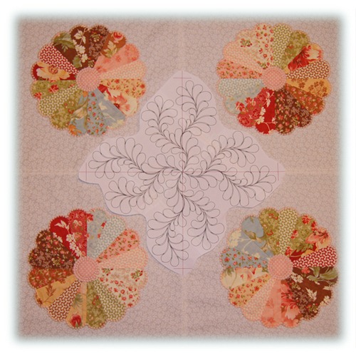 Quiltemotiv tilpasset Dresden Plate quilt, tegnet i 5D QuiltDesign Creatorr.