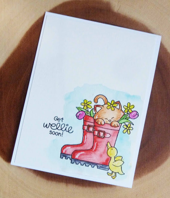 Get wellie soon by Joyce M. features Newton's Rain Boots by Newton's Nook Designs; #newtonsnook, #inkypaws, #watercolor, #catcards, #cardmaking