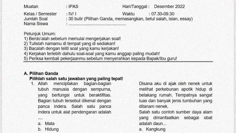 Soal Sumatif Akhir Semester 1 Kelas 4 Mapel IPAS