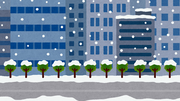 雨が降るオフィス街・ビル街のイラスト（背景素材）