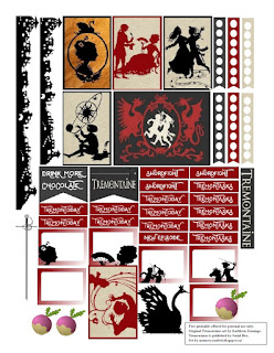 A single page of paper with a number of planner stickers on it. The stickers are all in shades of beige, black, and red. The larger ones feature silhouettes of people in vaguely eighteenth century clothing. The smallest ones say Sworfight, TremonTasks, or TremonToday on them, while two other banners read Drink More Chocolate and Tremontaine, respectively. There are also additional silhouettes of a swan, a city, and a rapier, with a couple of purple turnips thrown in for good measure.