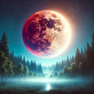 A reddish Worm Moon during a Blood Moon eclipse glows over a misty forest, symbolizing transformation, renewal, and spiritual awakening