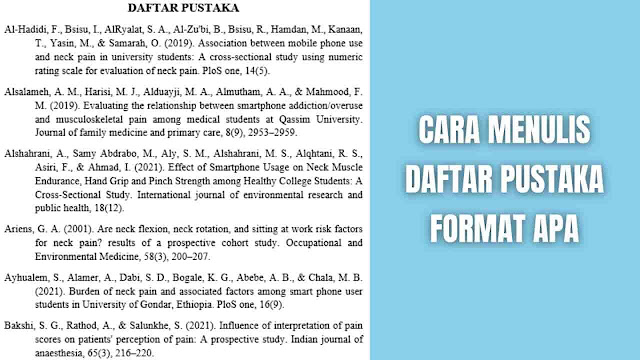 Cara Menulis Daftar Pustaka Format APA Dari Jurnal, Buku, Webstie, Artikel, Internet dan Contoh Penulisan Apa Itu Daftar Pustaka ? Daftar Pustaka adalah kumpulan sumber referensi yang digunakan dalam suatu tulisan atau karya ilmiah. Daftar Pustaka memuat informasi tentang buku, jurnal, artikel, makalah, atau sumber lainnya yang dijadikan referensi dalam penulisan karya ilmiah. Informasi yang terdapat dalam Daftar Pustaka biasanya mencakup nama pengarang, judul buku atau artikel, penerbit, tahun terbit, dan nomor halaman jika relevan. Daftar Pustaka penting untuk menunjukkan bahwa karya ilmiah yang ditulis didasarkan pada sumber referensi yang dapat dipertanggungjawabkan dan dapat diverifikasi.    Fungsi Daftar Pustaka Daftar Pustaka adalah bagian penting dari sebuah karya tulis ilmiah seperti skripsi, tesis, atau paper. Fungsi utama dari daftar pustaka adalah untuk memberikan informasi yang jelas dan akurat tentang sumber-sumber referensi yang digunakan dalam penulisan karya tulis tersebut. Beberapa fungsi daftar pustaka antara lain:  Mempermudah pembaca untuk menemukan sumber-sumber referensi yang digunakan dalam karya tulis tersebut. Memberikan informasi tentang sumber-sumber referensi yang digunakan dalam karya tulis tersebut, termasuk nama penulis, tahun publikasi, judul buku/jurnal/artikel, dan informasi penerbitan. Menunjukkan kepada pembaca bahwa penulis telah melakukan riset yang cukup dan memperhatikan sumber-sumber yang kredibel dan relevan dalam penulisan karya tulis tersebut. Menjaga kejujuran ilmiah dan menghindari plagiarisme, dengan menunjukkan sumber-sumber referensi yang digunakan dalam penulisan karya tulis tersebut. Membantu pembaca untuk mengevaluasi keabsahan dan keandalan dari informasi yang terdapat dalam karya tulis tersebut dengan memperlihatkan sumber-sumber referensi yang digunakan.   Daftar Pustaka Format APA Paling Sering Digunakan Format daftar pustaka yang paling sering digunakan adalah format APA (American Psychological Association).  Daftar Pustaka APA adalah suatu sistem pengutipan referensi yang digunakan dalam penulisan karya ilmiah seperti skripsi, tesis, dan disertasi. Sistem pengutipan referensi ini dikenal juga sebagai APA Style, yang merupakan singkatan dari American Psychological Association.   Daftar Pustaka APA digunakan untuk memberikan pengakuan dan menghormati sumber informasi yang digunakan dalam karya ilmiah, serta memberikan kemudahan bagi pembaca untuk menemukan sumber informasi yang digunakan oleh penulis.   Daftar Pustaka APA juga berfungsi sebagai alat untuk menunjukkan keakuratan dan keandalan karya ilmiah, serta mencegah plagiat.    Cara Menulis Daftar Pustaka APA Untuk menulis daftar pustaka, ikuti langkah-langkah berikut ini:  Siapkan semua sumber yang digunakan dalam penelitian atau tulisan Anda. Sumber dapat berupa buku, jurnal, artikel, situs web, dll. Atur daftar pustaka secara alfabetis berdasarkan nama pengarang atau judul sumber. Gunakan format penulisan yang konsisten dalam daftar pustaka. Ada berbagai format penulisan daftar pustaka, seperti APA, MLA, Chicago, dan lain-lain. Pastikan Anda menggunakan format yang tepat sesuai dengan pedoman yang diberikan oleh lembaga atau jurnal yang Anda tuju. Tulis nama pengarang atau editor, judul buku atau artikel, nama jurnal, tanggal publikasi, dan nama penerbit (jika ada). Pastikan Anda mencantumkan semua informasi yang relevan dengan sumber yang Anda gunakan. Berikan nomor halaman (jika relevan) atau DOI (Digital Object Identifier) jika tersedia. Periksa kembali daftar pustaka Anda untuk memastikan bahwa semua sumber telah tercantum dengan benar dan format penulisan telah diikuti dengan konsisten. Akhirnya, pastikan bahwa semua sumber yang Anda cantumkan dalam daftar pustaka juga tercantum dalam teks Anda. Contoh format penulisan daftar pustaka dalam format APA Contoh format penulisan daftar pustaka dalam format APA atau gaya American Psychological Association (APA):  Buku: Nama Penulis. (Tahun). Judul Buku. Kota Penerbit: Penerbit.  Contoh:  Monsen, R. J., & Horn, J. L. (Eds.). (2018). Handbook of psychopathy (2nd ed.). Routledge. Artikel jurnal: Nama Penulis. (Tahun). Judul artikel. Judul Jurnal, volume (nomor), halaman.  Contoh:  Buss, D. M. (2019). Evolutionary psychology: A new paradigm for psychological science. Psychological Inquiry, 30(2), 76-81. https://doi.org/10.1080/1047840X.2019.1619893 Situs web: Nama Penulis. (Tahun). Judul artikel. Nama Situs/Web. URL  Contoh:  American Psychological Association. (n.d.). APA style. https://www.apastyle.org/ Artikel dalam buku: Nama Penulis. (Tahun). Judul artikel. Dalam Nama Editor (Ed.), Judul Buku (halaman). Kota Penerbit: Penerbit.  Contoh:  Garcia, J., & Sikström, S. (2014). The dark side of Facebook: Semantic representations of status updates predict the dark triad of personality. Dalam A. L. McGraw & P. A. Popova (Eds.), Social Media and the Good Life: Do They Connect? (pp. 229-253). New York, NY: Routledge. Perlu diingat bahwa format ini hanya contoh dan dapat disesuaikan dengan aturan dan pedoman yang lebih spesifik dari lembaga atau jurnal yang bersangkutan.    Cara Menulis Daftar Pustaka Jurnal Berikut ini adalah langkah-langkah untuk menulis daftar pustaka jurnal dengan format APA:  Tulis nama penulis. Format penulisan nama penulis adalah nama depan diikuti dengan inisial nama belakang. Jika terdapat lebih dari satu penulis, pisahkan dengan tanda "&". Contoh: Smith, J. A. & Johnson, L. Tahun publikasi. Tuliskan tahun publikasi jurnal dalam kurung bulat setelah nama penulis. Contoh: (2018). Judul artikel. Tuliskan judul artikel dengan huruf kapital pada kata pertama dan kata benda penting. Judul artikel diikuti dengan tanda titik. Contoh: The impact of climate change on agriculture. Nama jurnal. Nama jurnal ditulis dalam huruf kapital dan diikuti dengan tanda koma. Contoh: Journal of Agricultural Science. Volume dan nomor. Tuliskan volume dan nomor jurnal dalam kurung setelah nama jurnal. Contoh: 25(2). Halaman. Tuliskan halaman artikel dengan format "pp." diikuti oleh nomor halaman. Contoh: pp. 25-40. DOI atau URL. Jika artikel memiliki DOI (Digital Object Identifier), tuliskan di akhir referensi. Jika tidak, tuliskan URL tempat artikel ditemukan. Contoh: doi:10.1000/182 atau https://www.journalofagriculturalscience.com/article/10.1000/182 Contoh format lengkap untuk sebuah artikel jurnal dalam daftar pustaka dengan format APA: Smith, J. A. & Johnson, L. (2018). The impact of climate change on agriculture. Journal of Agricultural Science, 25(2), pp. 25-40. doi:10.1000/182 Pastikan daftar pustaka Anda diurutkan secara alfabetis berdasarkan nama penulis pertama. Jika terdapat dua atau lebih artikel oleh penulis yang sama, susun berdasarkan tahun publikasi, dimulai dengan artikel yang paling lama.    Menulis Daftar Pustaka dari Internet Untuk menulis daftar pustaka dari internet dengan gaya APA (American Psychological Association), Anda dapat mengikuti panduan berikut ini:  Tentukan sumber yang ingin Anda masukkan dalam daftar pustaka Anda, pastikan sumber tersebut sudah diakui sebagai sumber akademik yang sah. Jangan lupa untuk mencatat informasi yang relevan seperti nama penulis, judul artikel atau situs web, tahun terbit, dan URL. Urutkan sumber yang Anda pilih dalam urutan abjad berdasarkan nama penulis. Jika sumber tersebut tidak memiliki penulis, maka gunakan judul sebagai acuan untuk pengurutan. Format daftar pustaka Anda dengan spasi ganda dan perataan kiri-rata. Berikan garis baru pada setiap entri daftar pustaka Anda. Contoh format yang dapat Anda gunakan untuk mengacu pada situs web dalam daftar pustaka APA: Nama Penulis Terakhir, Nama Pertama. (Tahun Terbit). Judul artikel atau halaman. Nama Situs Web. URL.  Contoh:  Smith, J. (2021). Cara Menulis Daftar Pustaka Dari Internet APA. Sipatilmuku. https://www.chatgpt.com/blog/cara-menulis-daftar-pustaka-dari-internet-apa Jika Anda mengutip artikel atau dokumen dalam format PDF, Anda dapat mengacu pada nama file PDF dalam daftar pustaka Anda.  Jika sumber yang Anda kutip adalah sebuah video atau podcast, gunakan format yang sama seperti mengacu pada situs web. Namun, tambahkan informasi tambahan tentang format media tersebut dalam kurung siku [] setelah judul.  Contoh:  Gates, B. (2022). The Future of Technology [Video]. YouTube. https://www.youtube.com/watch?v=dQw4w9WgXcQ Dengan mengikuti panduan di atas, Anda akan dapat menulis daftar pustaka dari internet dengan gaya APA. Pastikan untuk selalu memeriksa pedoman gaya yang berbeda-beda tergantung pada institusi atau organisasi yang Anda ikuti.    Cara Menulis Daftar Pustaka Buku Berikut adalah panduan umum untuk menulis daftar pustaka buku dengan format APA:  Buku Satu Penulis Nama Penulis. (Tahun penerbitan). Judul Buku. Penerbit.  Contoh:  Smith, J. (2010). How to Write a Book. Penguin Publishers. Buku Dua Penulis Dua Penulis. (Tahun penerbitan). Judul Buku. Penerbit.  Contoh:  Miller, A., & Johnson, R. (2015). The Art of Business. Random House. Buku Tiga Penulis Tiga sampai lima Penulis. (Tahun penerbitan). Judul Buku. Penerbit.  Contoh:  Johnson, L., Lee, K., Smith, J., Clark, A., & Davis, M. (2012). The History of Science. HarperCollins. Buku Enam atau Lebih Penulis Enam atau lebih Penulis. (Tahun penerbitan). Judul Buku. Penerbit.  Contoh:  Adams, M., Brown, R., Carter, S., Davis, L., Edwards, J., Fisher, K., ... & Wilson, T. (2011). The Study of Human Behavior. Oxford University Press. Editor (Eds.) Editor (Eds.). (Tahun penerbitan). Judul Buku. Penerbit.  Contoh:  Johnson, M. (Eds.). (2009). The Future of Technology. MIT Press. Bab atau Bagian dari Buku Bab atau Bagian dari Buku. Nama Penulis. (Tahun penerbitan). Judul Bab atau Bagian. Dalam Nama Editor (Eds.), Judul Buku (hal. halaman). Penerbit.  Contoh:  Smith, J. (2013). Writing for the Web. Dalam M. Johnson (Eds.), The Digital Age (pp. 50-75). HarperCollins. Buku Tanpa Penulis Buku tanpa Penulis. (Tahun penerbitan). Judul Buku. Penerbit.  Contoh:  The World Book Encyclopedia. (2010). World Book, Inc. Buku dengan Penulis Yang Sama Pada Tahun Yang Sama Buku dengan Penulis yang sama pada tahun yang sama. (Tahun penerbitan). Judul Buku. Penerbit.  Contoh:  Smith, J. (2016a). Writing Fiction. Penguin Publishers. Smith, J. (2016b). Writing Non-Fiction. Penguin Publishers. Buku dengan Penulis Yang Sama Pada Tahun Yang Berbeda Buku dengan Penulis yang sama pada tahun yang berbeda. (Tahun penerbitan). Judul Buku. Penerbit.  Contoh:  Smith, J. (2014). Writing Screenplays. Penguin Publishers. Smith, J. (2018). Writing Plays. Penguin Publishers.   Demikianlah panduan umum untuk menulis daftar pustaka buku dengan format APA. Pastikan Anda mengecek ulang setiap entri untuk memastikan keakuratannya dan konsistensinya dalam seluruh daftar pustaka.    Cara Menulis Daftar Pustaka Website Berikut adalah cara menulis daftar pustaka website dalam format APA:  Tuliskan nama penulis, jika tersedia. Jika tidak, tuliskan nama organisasi atau institusi yang bertanggung jawab atas konten yang diterbitkan. Tuliskan nama dengan urutan terbalik, diikuti dengan koma dan inisialnya. Contoh: Smith, J. Tahun publikasi halaman web harus dicantumkan dalam kurung kurawal setelah nama penulis. Contoh: (2022). Judul halaman web ditulis dalam huruf kapital dengan tanda kutip. Contoh: "Cara Menulis Daftar Pustaka Website APA". Sumber diambil dari web dengan URL, tuliskan alamat URL di dalam tanda kurung setelah judul halaman web. Contoh: "Cara Menulis Daftar Pustaka Website APA" (https://contohwebsite.com). Jika halaman web memiliki penulis yang jelas, berikan keterangan tambahan tentang penulis, seperti jabatan atau afiliasi. Contoh: Smith, J. (2022). "Cara Menulis Daftar Pustaka Website APA". [Blog post]. Diakses dari https://contohwebsite.com. Jika sumber dari halaman web tidak memiliki tanggal publikasi yang jelas, cukup cantumkan kata "n.d." dalam kurung kurawal di setelah nama penulis. Contoh: Smith, J. (n.d.). "Cara Menulis Daftar Pustaka Website APA". Diakses dari https://contohwebsite.com. Contoh lengkap: Smith, J. (2022). "Cara Menulis Daftar Pustaka Website APA". [Blog post]. Diakses dari https://contohwebsite.com.   Cara Menulis Daftar Pustaka Skripsi Untuk menulis daftar pustaka skripsi dengan format APA (American Psychological Association), Anda dapat mengikuti langkah-langkah berikut:  Siapkan dokumen baru pada program pengolah kata seperti Microsoft Word. Atur margin kiri sebesar 4,5 cm dan margin kanan, atas, dan bawah sebesar 2,5 cm. Atur jenis huruf Times New Roman dengan ukuran 12 dan jarak antar baris 1,5. Buat judul "DAFTAR PUSTAKA" pada bagian tengah halaman dengan menggunakan huruf besar dan cetak tebal. Daftar pustaka diurutkan berdasarkan abjad nama belakang penulis atau judul buku/jurnal (jika penulis tidak diketahui). Setiap entri diawali dengan margin kiri sebesar 0,5 inch (1,27 cm). Gunakan penomoran untuk setiap entri daftar pustaka, dimulai dari angka 1 dan diurutkan secara berturut-turut. Penomoran pada setiap entri daftar pustaka harus digunakan secara konsisten dengan penomoran pada bagian lain dalam dokumen skripsi. Setiap entri daftar pustaka harus memiliki margin kiri yang sama. Pada setiap entri daftar pustaka, tuliskan nama penulis (jika ada), judul buku atau artikel jurnal, tahun terbit, penerbit (jika ada), dan keterangan tambahan seperti nomor edisi dan halaman. Berikut contoh format penulisan daftar pustaka skripsi dengan format APA:  Sutrisno, A. (2018). Pengaruh Pendidikan Kewirausahaan Terhadap Kemampuan Berwirausaha dan Sikap Kewirausahaan Mahasiswa. Jurnal Pendidikan Ekonomi dan Bisnis, 6(1), 30-43. Soegeng, M. M. (2019). Pengantar Metodologi Penelitian. Pustaka Setia. Hartanto, E., & Setiawan, E. (2017). Analisis Pengaruh Kepemimpinan Transformasional Terhadap Kepuasan Kerja Karyawan. Jurnal Psikologi, 44(2), 118-128. Departemen Pendidikan Nasional. (2009). Kamus Besar Bahasa Indonesia. Balai Pustaka. Semoga informasi ini dapat membantu Anda dalam menulis daftar pustaka skripsi dengan format APA.    Cara Menulis Daftar Pustaka Makalah Berikut adalah langkah-langkah dalam menulis daftar pustaka makalah dengan format APA:  Buat daftar pustaka pada halaman terpisah setelah bagian akhir makalah. Judul daftar pustaka harus diatur dengan rata kiri dan tidak dijadikan tebal atau miring. Susun daftar pustaka secara alfabetis berdasarkan nama belakang penulis. Apabila satu penulis memiliki lebih dari satu karya, susun karya-karya tersebut berdasarkan tahun terbit terbaru ke terlama. Apabila terdapat dua atau lebih penulis, urutkan nama penulis berdasarkan urutan abjad pada huruf pertama dari nama belakang penulis pertama. Apabila sumber berasal dari suatu jurnal, cantumkan nama jurnal dalam bentuk singkatan. Cantumkan nomor volume dan nomor halaman untuk sumber jurnal. Berikut adalah format untuk berbagai jenis sumber:  Buku Buku: Nama belakang penulis, inisial. (tahun terbit). Judul buku. Kota terbit: Penerbit.  Jurnal Jurnal: Nama belakang penulis, inisial. (tahun terbit). Judul artikel. Judul jurnal, volume(nomor), halaman.  Artikel dari website Artikel dari website: Nama belakang penulis, inisial. (tahun terbit). Judul artikel. Diambil dari URL  Contoh penulisan dari sumber tersebut: Buku: Santrock, J. W. (2010). Life-span development. New York, NY: McGraw-Hill. Jurnal: Lefebvre, R. C., & Bornstein, S. (2016). Social media: The future of health care. American Journal of Health-System Pharmacy, 73(23), 1977-1980. Artikel dari website: Larsen, J. (2017). The psychological benefits of writing: Why Richard Branson and Warren Buffett write regularly. Diambil dari https://www.inc.com/jessica-stillman/the-psychological-benefits-of-writing.html Sumber-sumber lain seperti tesis, laporan penelitian, atau artikel dari majalah dapat diatur menggunakan format yang mirip dengan format untuk buku atau jurnal.    Cara Menulis "et al" "et al." adalah singkatan dari frasa Latin "et alii", yang artinya adalah "dan lain-lain". Istilah ini sering digunakan dalam penulisan ilmiah untuk menyatakan bahwa ada lebih dari dua penulis dalam suatu karya.  Untuk menuliskan "et al." dalam sebuah karya, langkah-langkah yang dapat dilakukan adalah sebagai berikut:  Gunakan nama lengkap semua penulis dalam daftar referensi atau kutipan pertama. Misalnya, "Jones, Smith, dan Brown (2019)". Dalam kutipan atau rujukan berikutnya, cukup gunakan nama penulis pertama diikuti oleh "et al." Misalnya, "Jones et al. (2019)". Pastikan untuk mengeja "et al." dengan benar, dengan huruf kecil dan tanda titik setelah "al". Contoh penggunaan "et al." Contoh penggunaan "et al." dalam sebuah kutipan adalah sebagai berikut:  Jones et al. (2019) menyatakan bahwa... Hasil penelitian yang dilakukan oleh Smith et al. (2020) menunjukkan bahwa... Menurut Brown et al. (2018),...