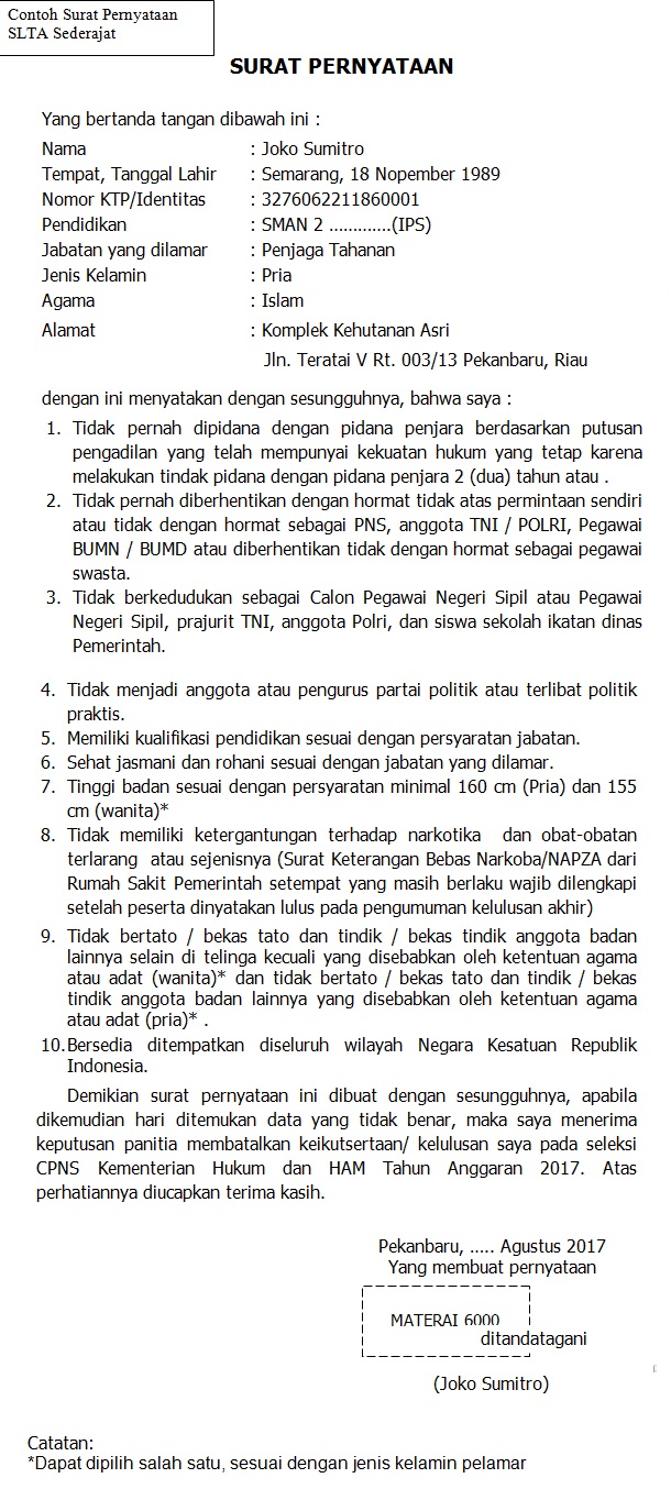 Contoh Surat Pernyataan CPNS Kementerian Hukum dan HAM 