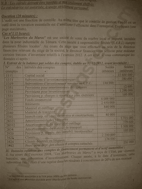 Exemple Concours Master Comptabilité Contrôle Audit (CCA) 2013-2014 - Fsjes Souissi