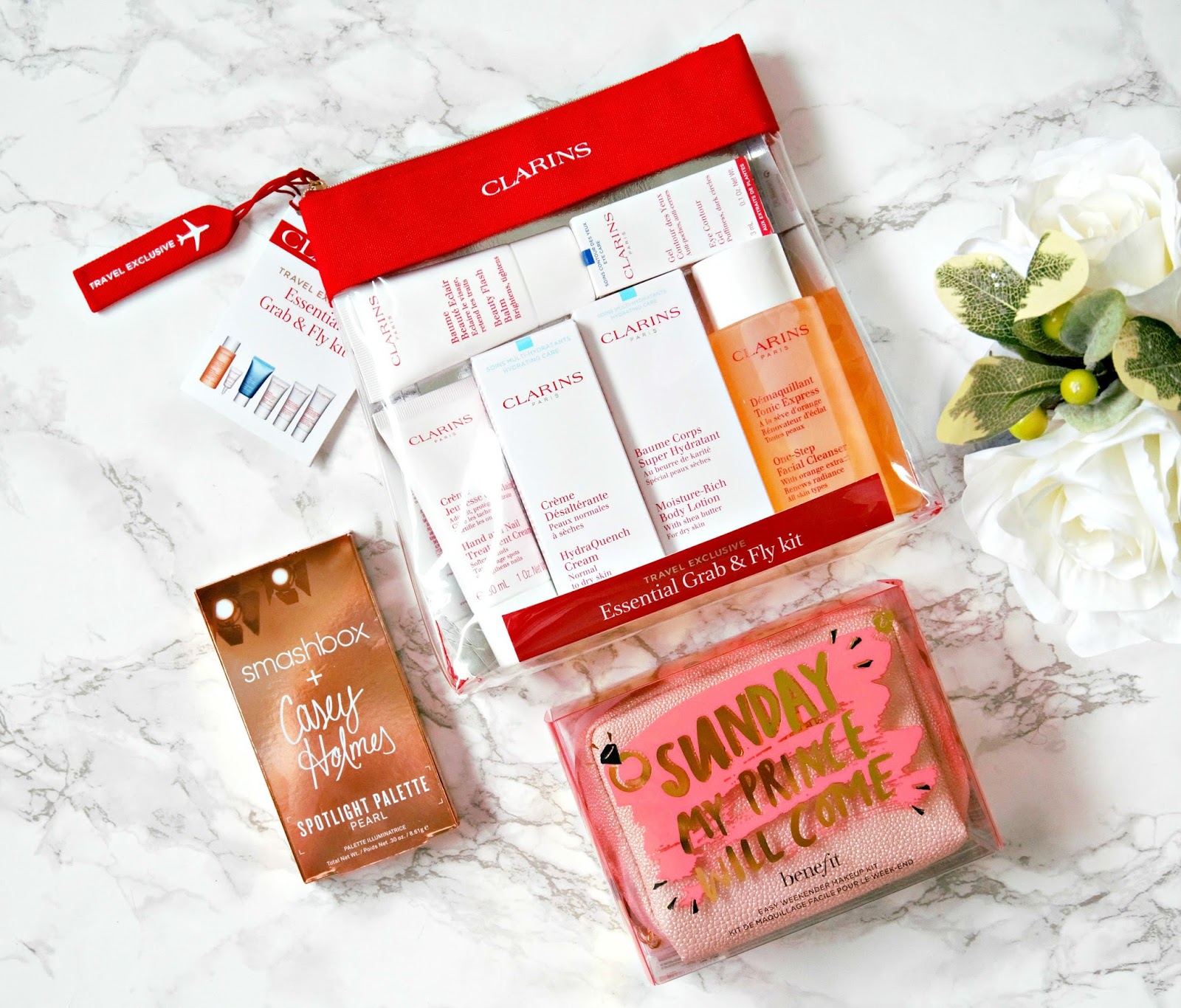 Clarins Travel Exclusive, Essential Grab & Fly Kit, Smashbox x Casey Holmes Spotlight Palette, Benefit Sunday My Prince Will Come