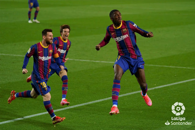 Messi and Puig celebrate goal with Ousmane Dembele during Barcelona 1-0 Real Valladolid in La Liga