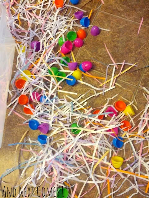 Leftovers from an easter egg sensory bin from And Next Comes L