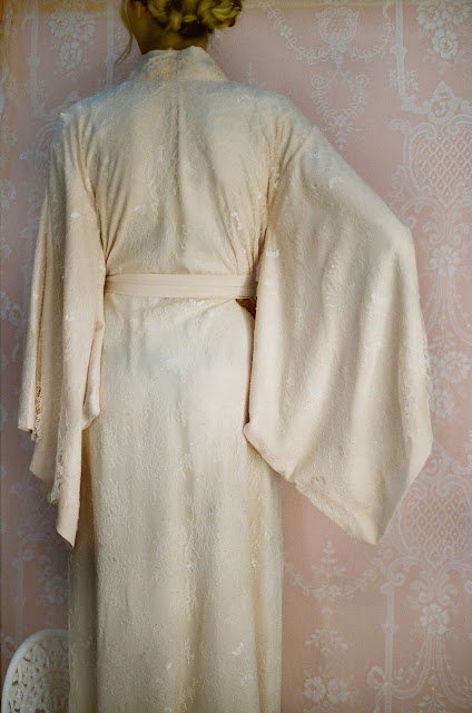 Custom silk lined lace robe with matching silk sash. Made to measure for your shape, body, height and length preference. 