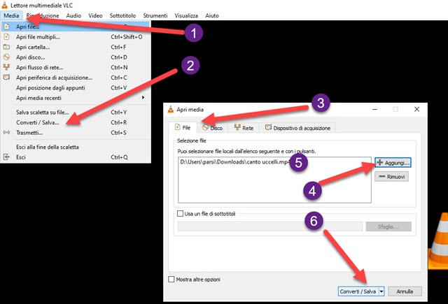 conversione di video in audio con VLC