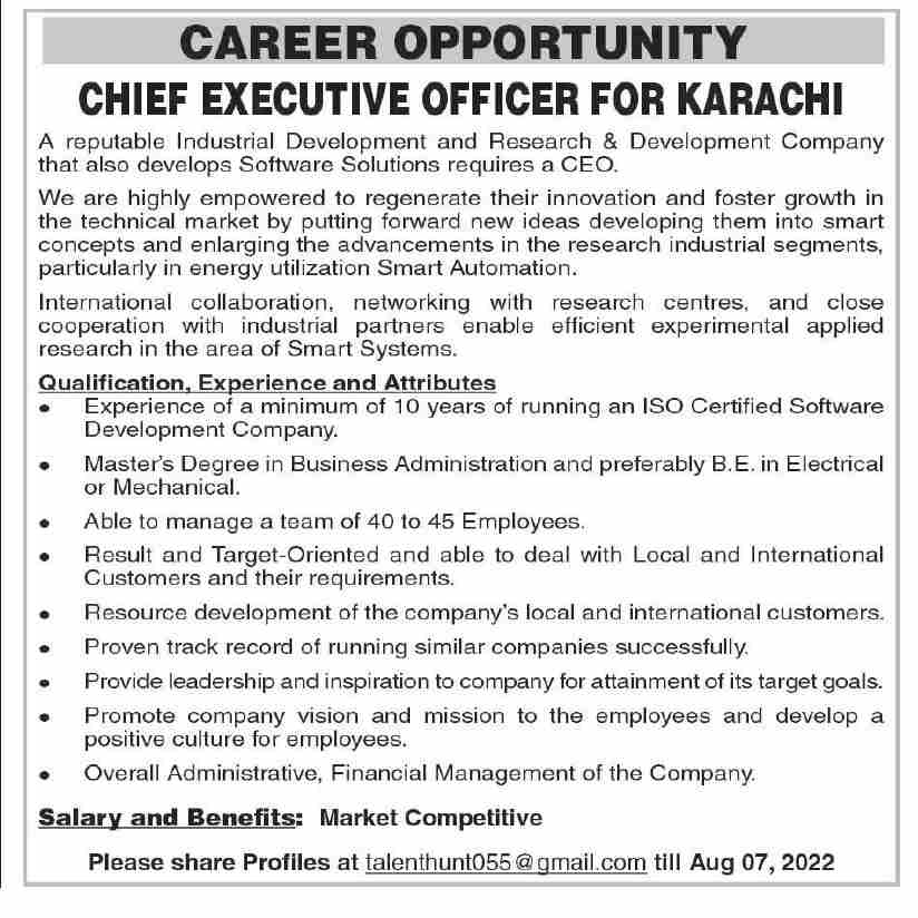 Research and Development Company Jobs for Chief Executive Officer CEO in July 2022 in Karachi