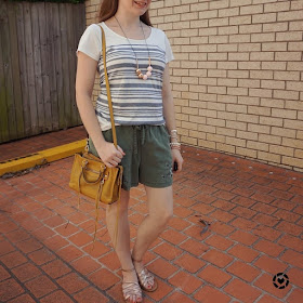awayfromtheblue Instagram | striped tee olive shorts mustard yellow micro regan bag park playdate summer outfit