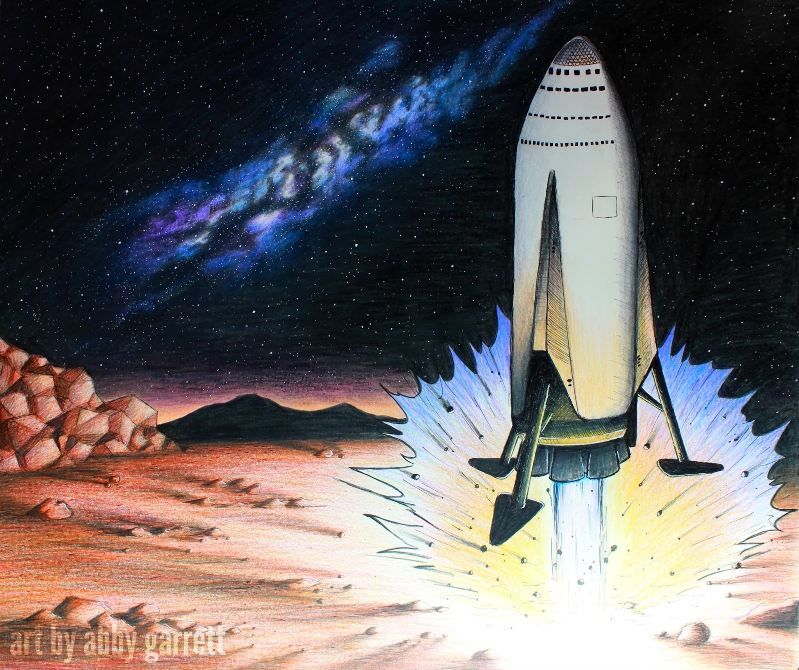 Drawing of SpaceX ITS spaceship landing on Mars by Abby Garrett